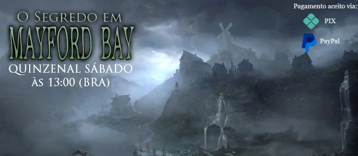 Banner da mesa de RPG: O Segredo em Mayford Bay