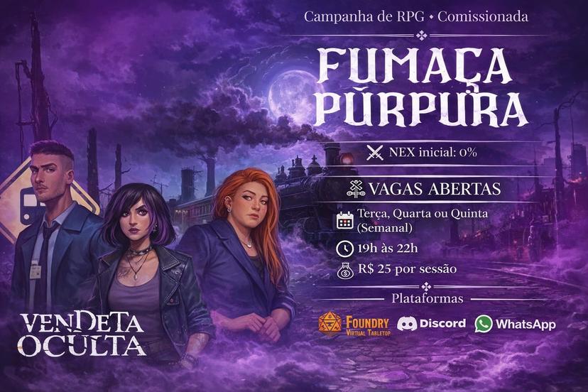 Banner da mesa de RPG: Ordem Paranormal - Fumaça Purpura, uma missão de Vendeta Oculta