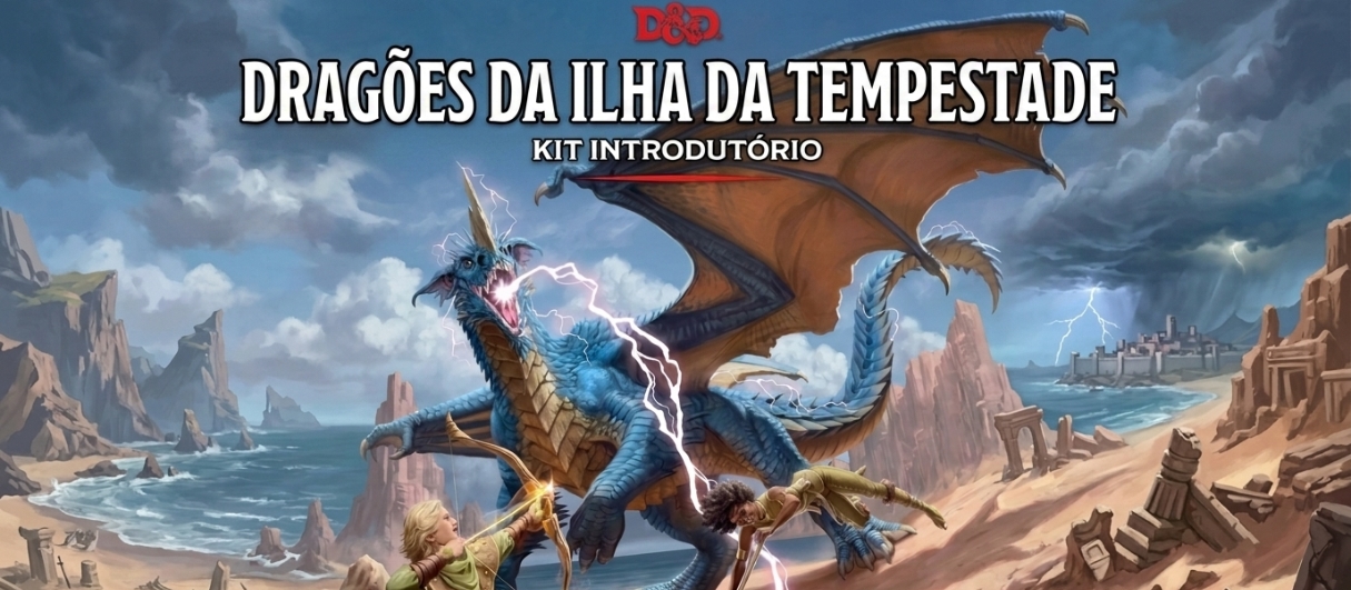 Banner da mesa de RPG: Aprenda D&D | Dragões da Ilha da Tempestade | Nível 1-3