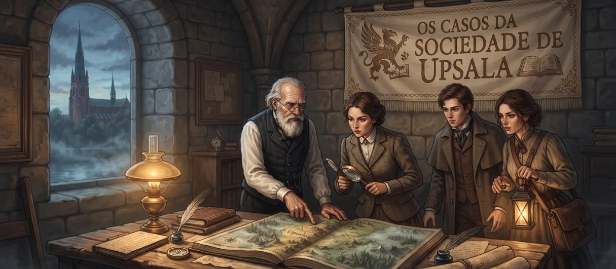 Banner da mesa de RPG: Os Casos da Sociedade de Upsala 🕯️📜