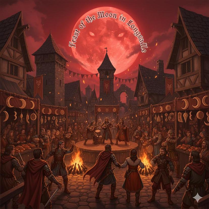 Banner da mesa de RPG: Festival da Lua em Sela Longa / Feast of the Moon in Longsaddle